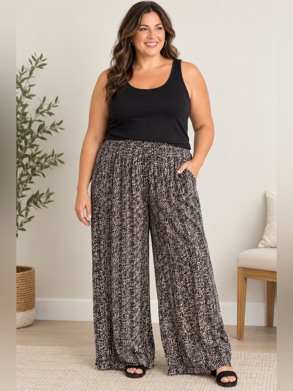 Wide Leg Printed Pant — Black/Mocha